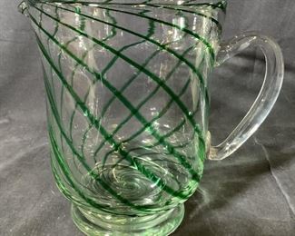 Art Glass Green Striped Pitcher