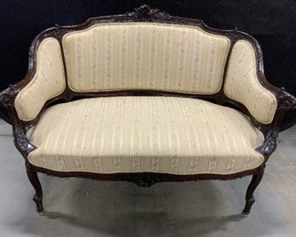 Antique French Carved Wood Upholstered Loveseat