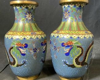 Pair Asian Cloisonné Vases w Dragons