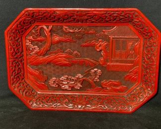 Lacquered Wood and Cinnabar Hand Carved Tray