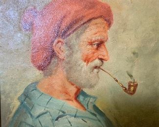 Signed Oil Painting on Canvas Pipe Smoker