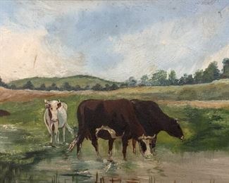 M.B.MILLER Signed Oil on Board Cows in Field 1910
