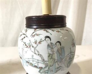 Vintage Asian Porcelain Lamp W Wooden Base