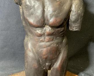 Wooden Nude Male Sculpture on Iron Base