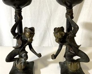 Pair Brass Monkey Candle Holders