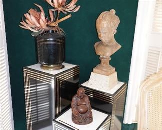 Art Display Pedestals - Black & Gold - 3 matching, assorted heights - underlit.   French Carved Oak Portrait Bust of Young Girl.