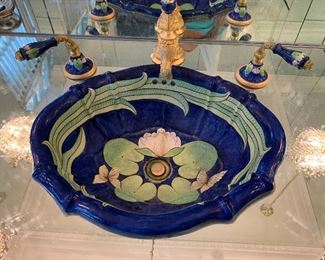 vintage Sherle Wagner hand-painted Italian porcelain sink: "The Lillies" - with matching Sherle Wagner porcelain and gold faucets and spout
