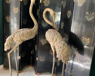 Gilt metal Heron Statues and 6-panel Chinese wooden screen with carved stonework inlays