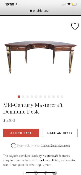 listing of comparable Mastercraft Demilune writing desk 