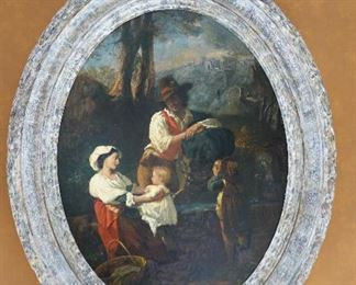 Framed Oil Painting - Italian School XVIII Century - Francesco Guardi (style of) Figures by the Wayside - Canvas: Oval 21 x 28 inches