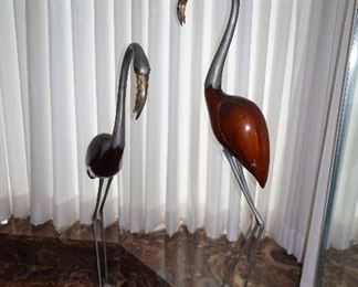 Decorative statues - metal and mahogany Flamingos - signed "DS"