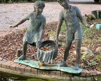 Bronze Outdoor Fountain Statue - Girl & Boy with Basket