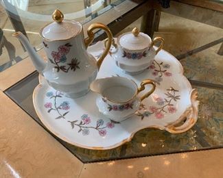 Haviland Limoges - hand-painted tray with tea-pot, sugar and creamer