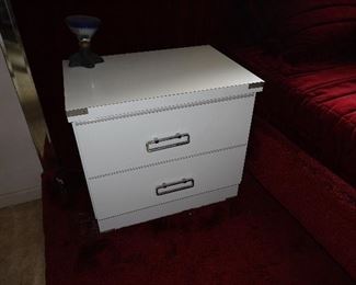 Bedroom furniture:
Modern - white & chrome style - two end tables with two drawers,  matching 7 drawer desk