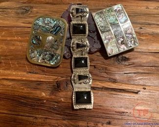 STERLING Silver Mexican Bracelet with Onyx and STERLING Silver Belt Buckles with Mother of Pearl Inlay