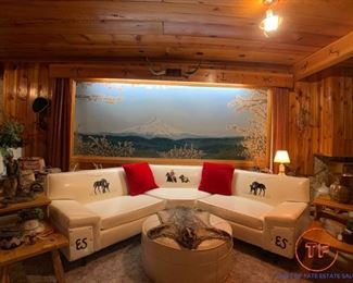 Pendley Furniture Embroidered Cowboy Sectional Couch with Brandt RANCH OAK Side Step Tables