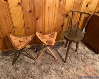 Vintage Tripod Stools with Tooled Leather Seats and Primitive Three Legged Chair