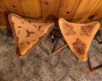 Vintage Tripod Stools with Tooled Leather Seats