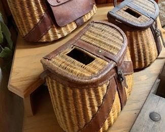 Antique Split Bamboo Fishing Creel / Basket with Leather Trim Accents