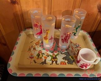 1950's Libbey Circus Glasses with Serving Tray