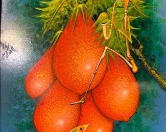 H CLAISE Signed Oil Painting, Fruit w Fish