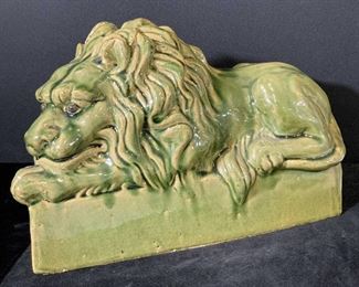 Vintage Green Glazed Ceramic Reclining Lion Statue