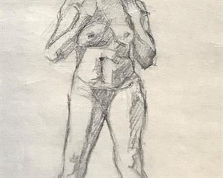Signed Female Nude Pencil Drawing