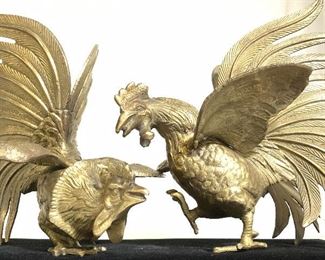 Pair Etched Brass Vintage Rooster Figurals