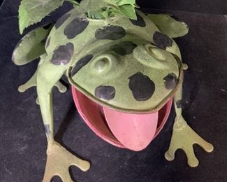 Metal Standing Frog Sculpture With Fabric Florals