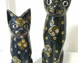 Pair Indonesian Wooden Cat Statues
