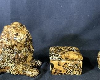 Lot 3 Cheetah and Lion Figurines & Trinket Box