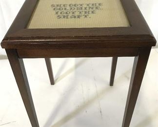 Vintage Side Table W Needlepoint & Glass Top