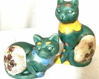 Pair Hand Painted Chinese Ceramic Cat Figurals