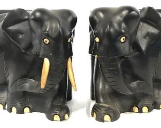 Pair Carved Wood Elephant Figural Bookends