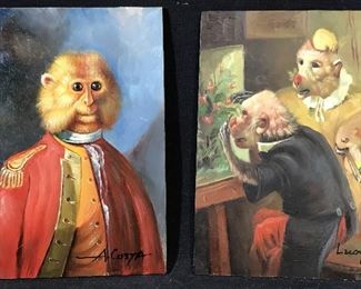 Pair Signed Anthropomorphized Monkey Paintings Art