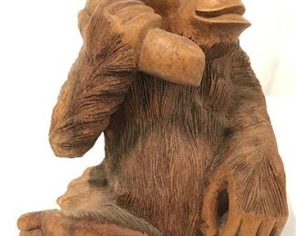 Carved Wooden Monkey Holding Phone Figure