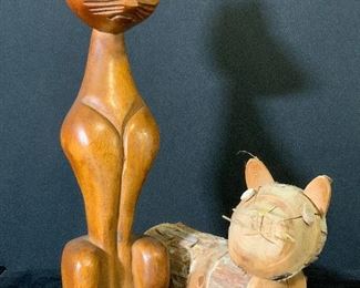 Lot 2 Handcrafted Wooden Cat Sculptures