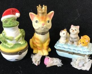 Lot 3 Porcelain Cat & Frog Figural Trinket Boxes