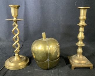 Lot 3 Brass Candlesticks & Apple Figural