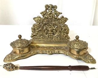 Vintage Gold Toned Ornate Brass Inkwell & Pen