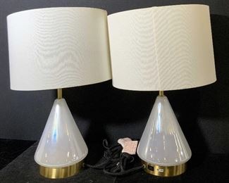 Pair Modern Lustrous Tabletop Lamps W. Drum Shades