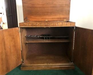 Lot # 3,  Picture 2. Price $575 - Vintage Burl Wood Bar Cabinet including 6 Vintage Green Shot/Cordial Glasses. Excellent Condition. Does not include wine glasses or ice bucket. Not subject to 25% discount