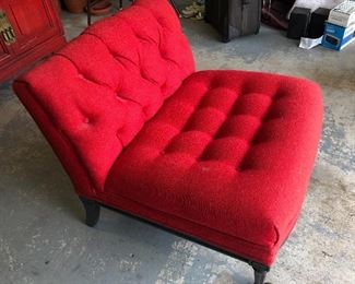 Lot #8 . Price $250. Red Mid Century Tufted Fabric Club Chair. Very Good Condition with no rips tears or stains. Dimensions: 28"W x 27"D x 28"T, Seat 16"T.