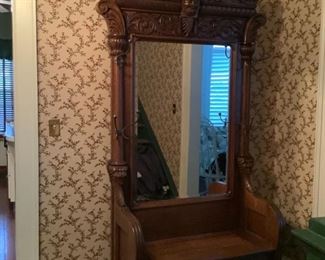 Ornate Renaissance Revival Oak hall tree with Northman carving 