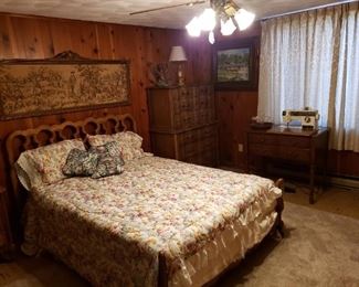 Thomasville complete full bed, very nice, 150.00. Dresser in background $200. Sewing machine $125