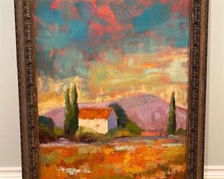 Italian Villa w/Pino/Fields of poppy abstract. 29"x41.5". 