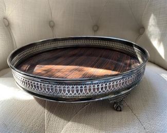 Silver Plate - Footed Tray with wood inlay