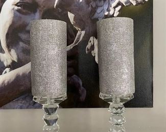 Pair of Silver Candles and Glass Candlesticks. 