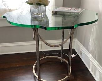 Silver metal base and glass top table. 21" base/36" glass/ 3/4" Thick Glass. 