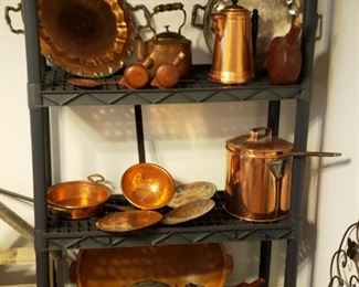 Copper items, trays, cast iron kettle, antique wood box, flat slotted copper spoons